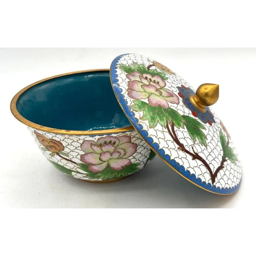 Vintage Chinese Cloisonné Enamel on Bronze Lidded Bowl Trinket Dish‎ Floral Teal